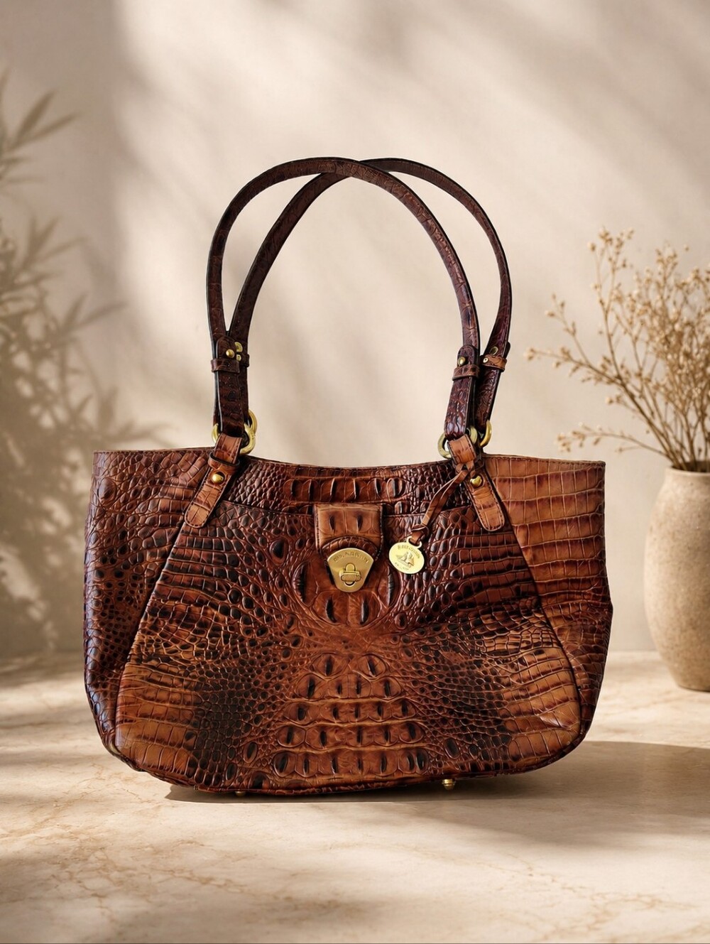 Brahmin Collette Pecan Melbourne Crocodile-Embossed Leather Shoulder Bag